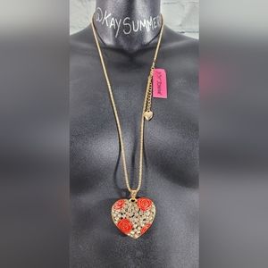 Betsey Johnson rhinestone heart with red enamel roses